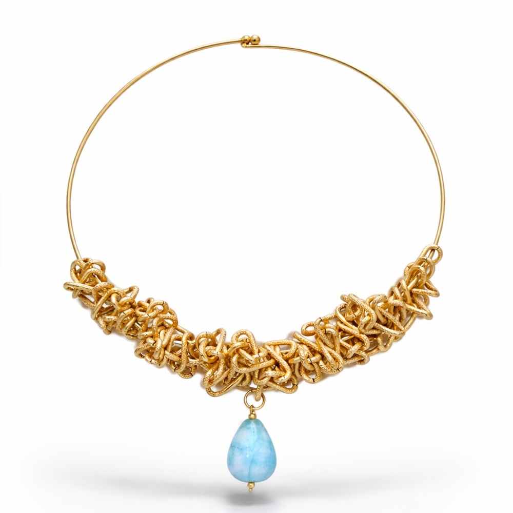Gold Chain Collar Necklace with Blue Quartz Drop Pendant, Artisan Wire Choker - Picture 3 of 8
